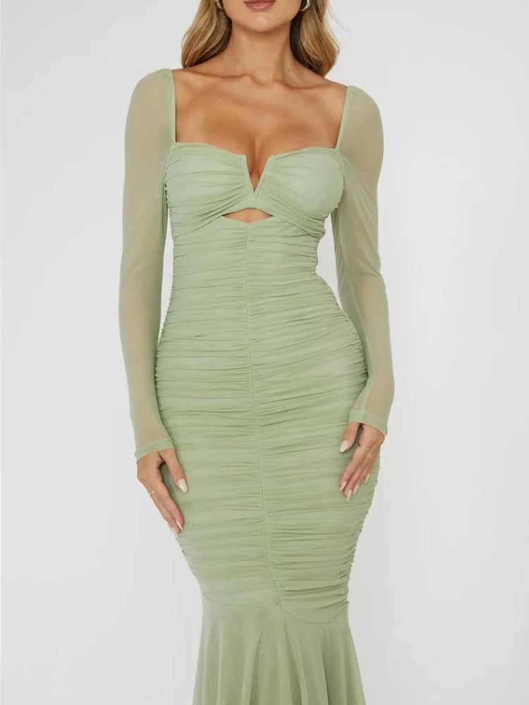 Sweetheart Cutout Ruched Sheer Sleeve Mermaid Tiered Flounce Midi Dress 4