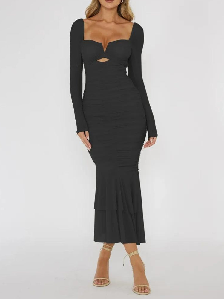 Sweetheart Cutout Ruched Sheer Sleeve Mermaid Tiered Flounce Midi Dress 5