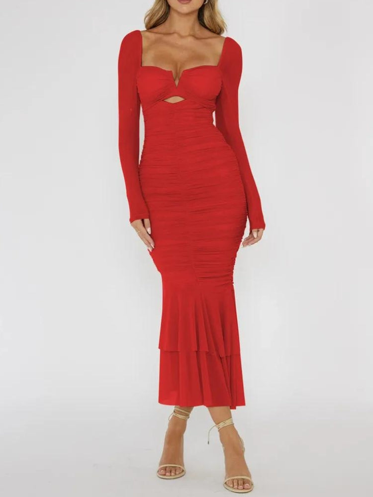 Sweetheart Cutout Ruched Sheer Sleeve Mermaid Tiered Flounce Midi Dress 6