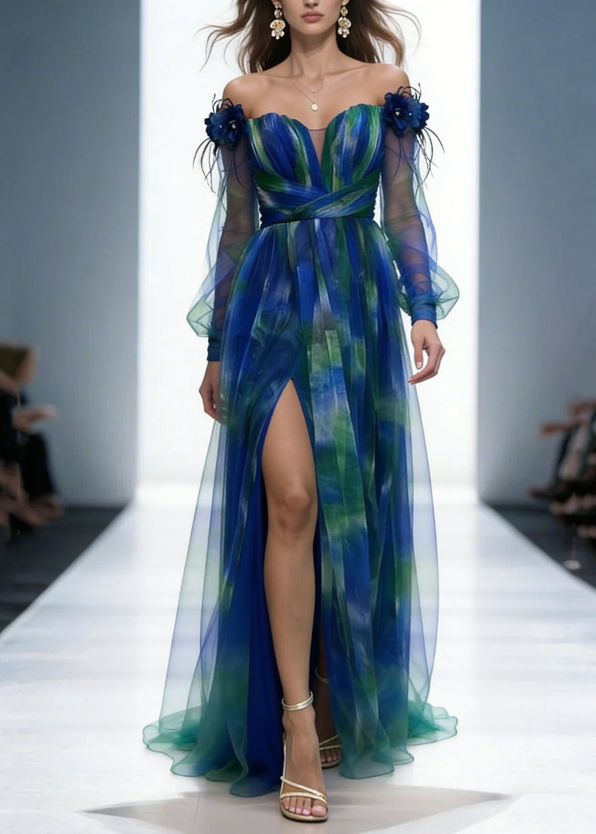 Off-Shoulder Floral Tulle Pleated Slit Maxi Gown