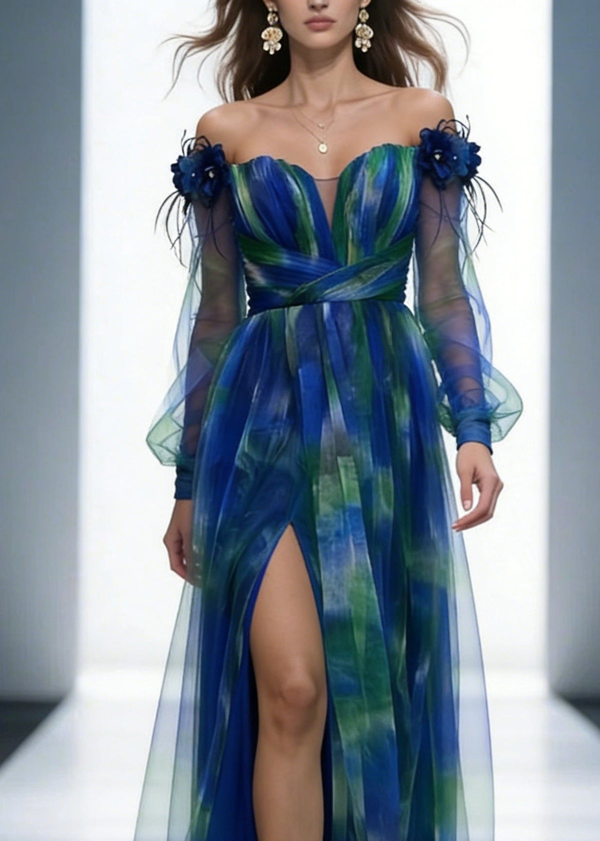 Off-Shoulder Floral Tulle Pleated Slit Maxi Gown 2