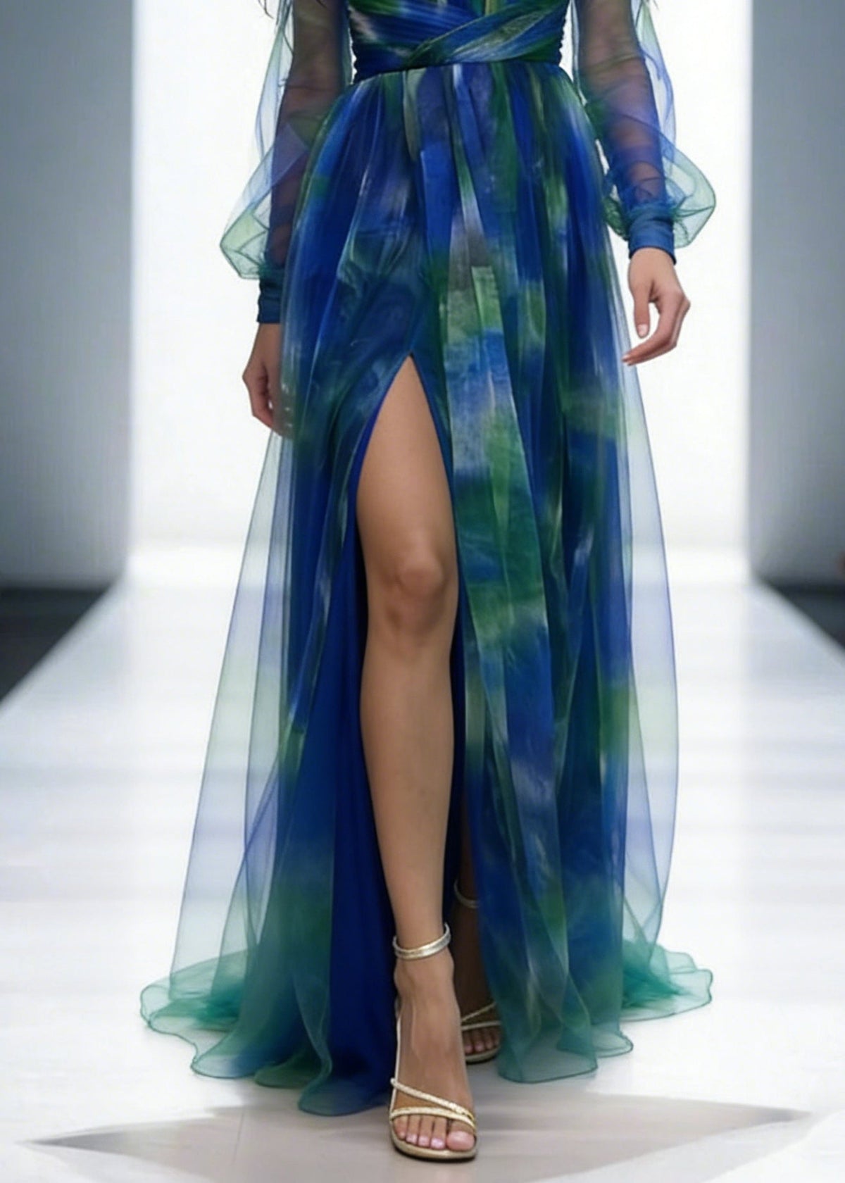 Off-Shoulder Floral Tulle Pleated Slit Maxi Gown 4