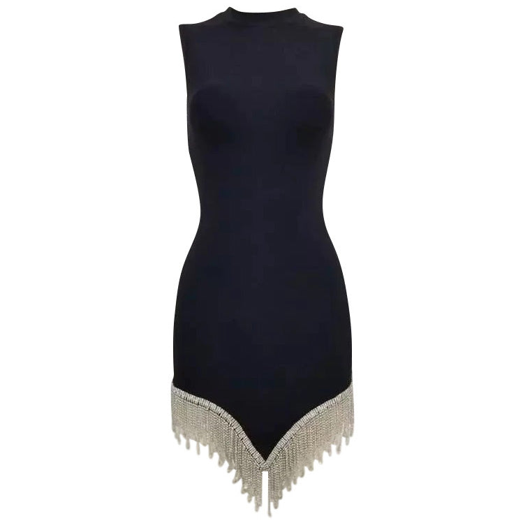 Mock Neck Sleeveless Rhinestone Fringe Asymmetric Hem Mini Dress