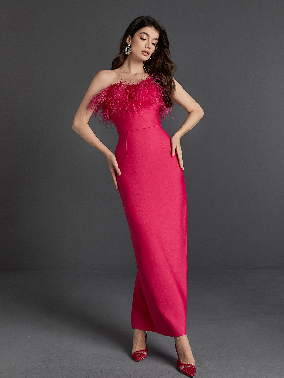 Strapless Feather Trim Column Maxi Gown 2