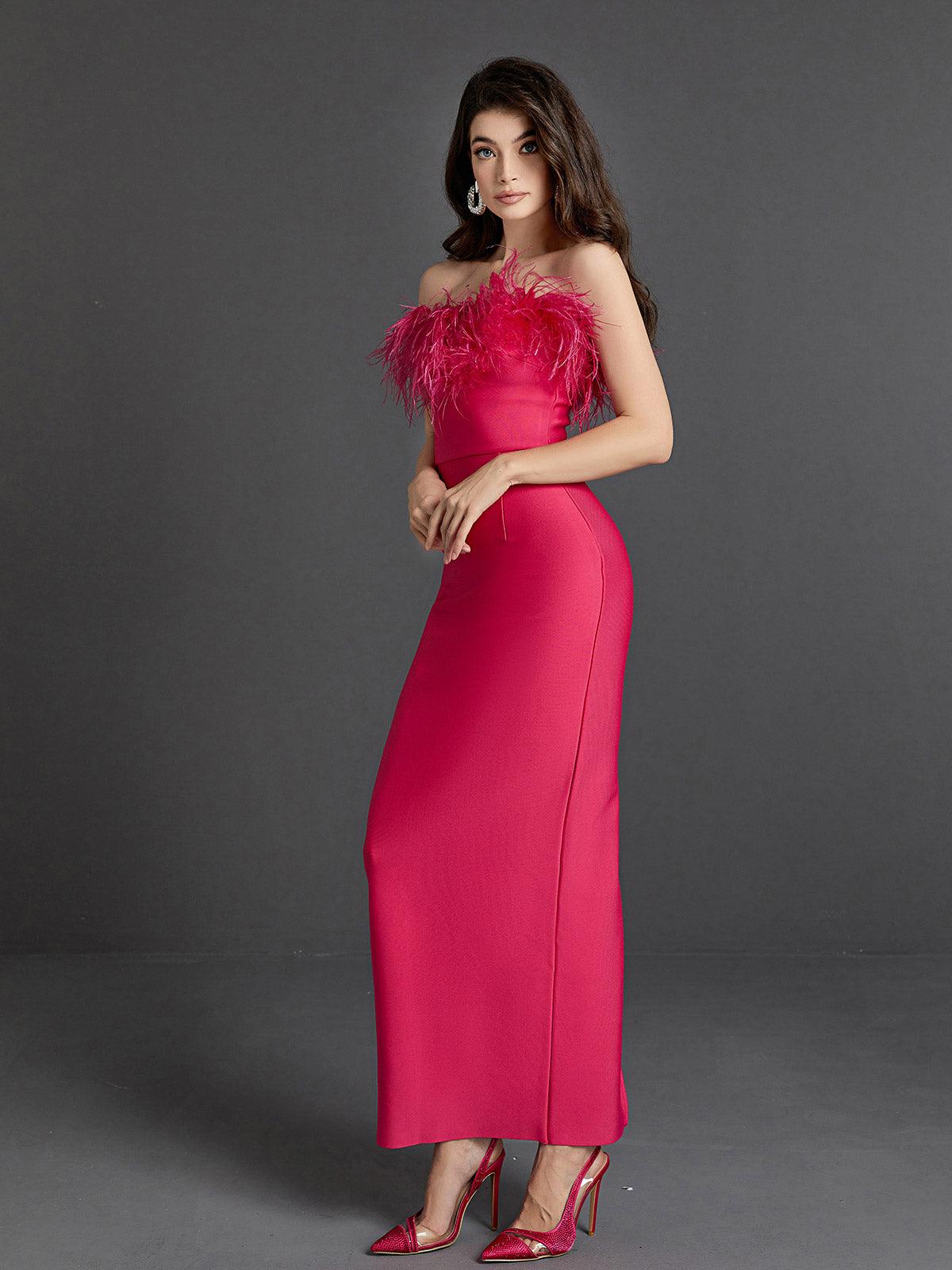 Strapless Feather Trim Column Maxi Gown 4