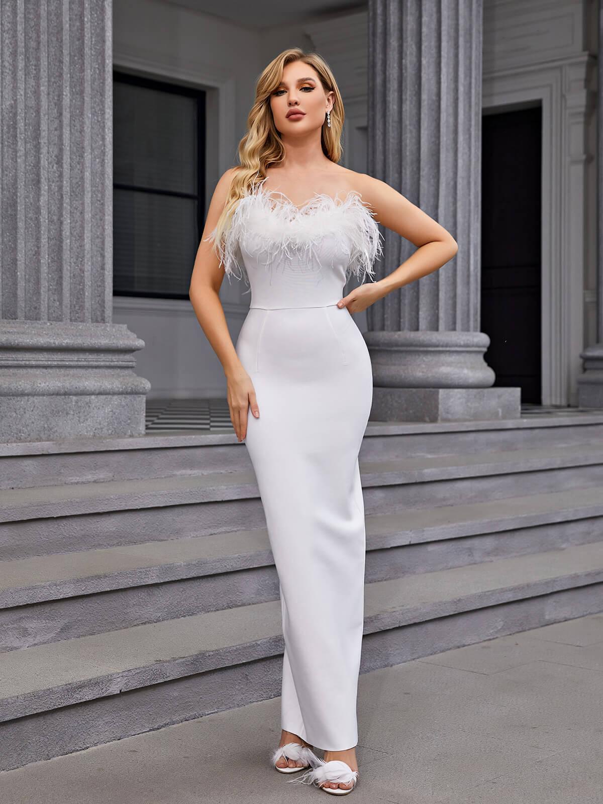 Strapless Feather Trim Column Bandage Maxi Gown 2