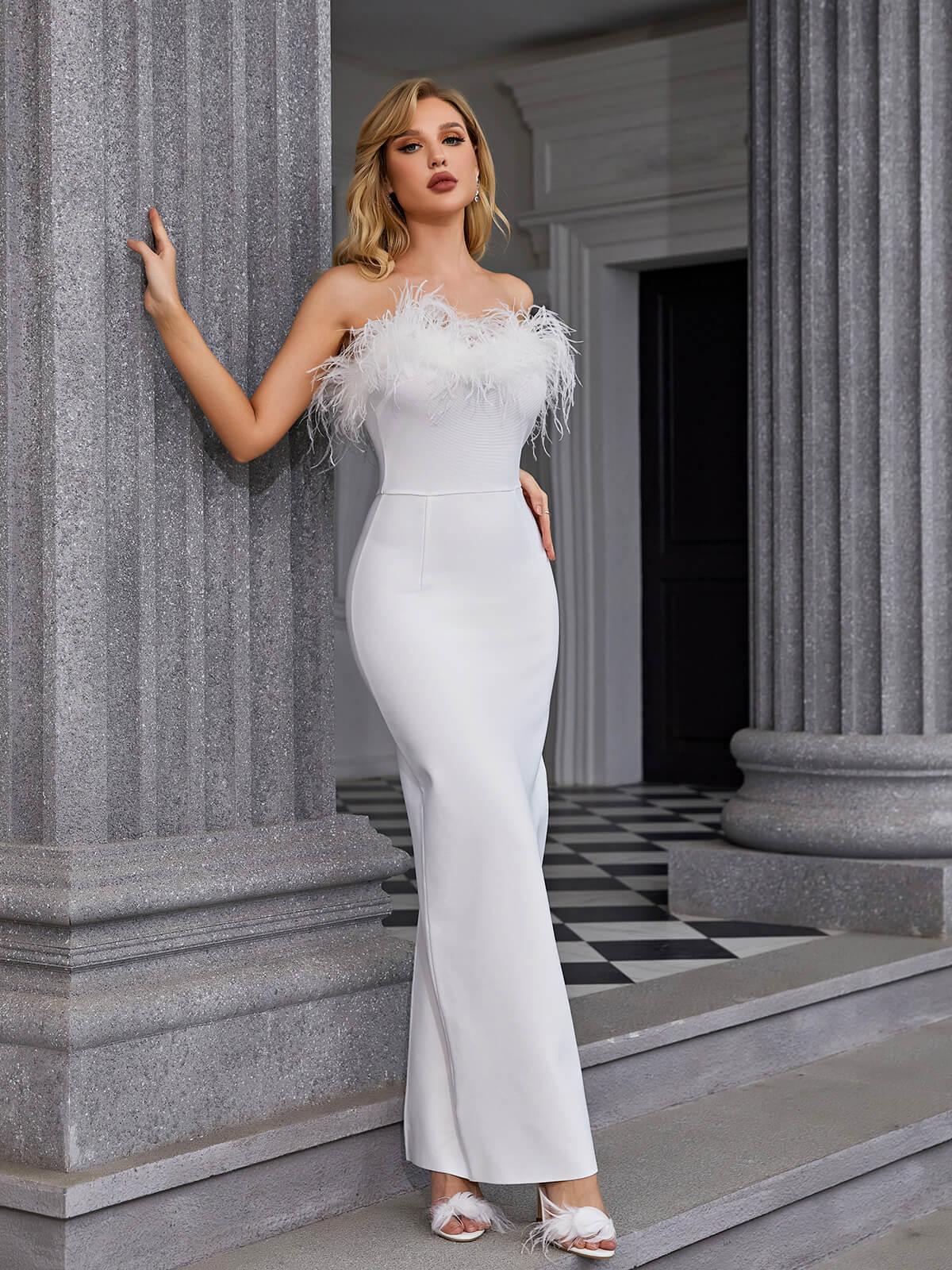 Strapless Feather Trim Column Bandage Maxi Gown