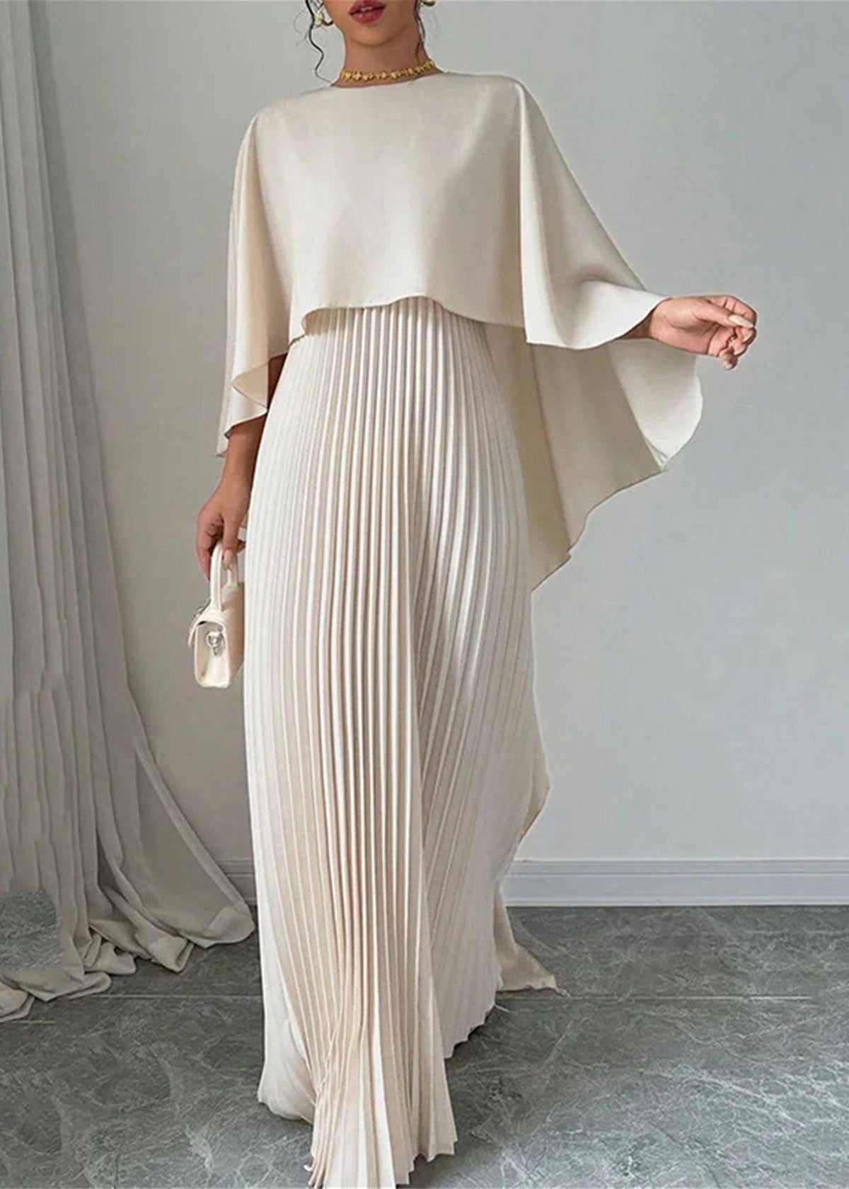 Crew Neck Cape Overlay Accordion Pleat Sunray Maxi Gown