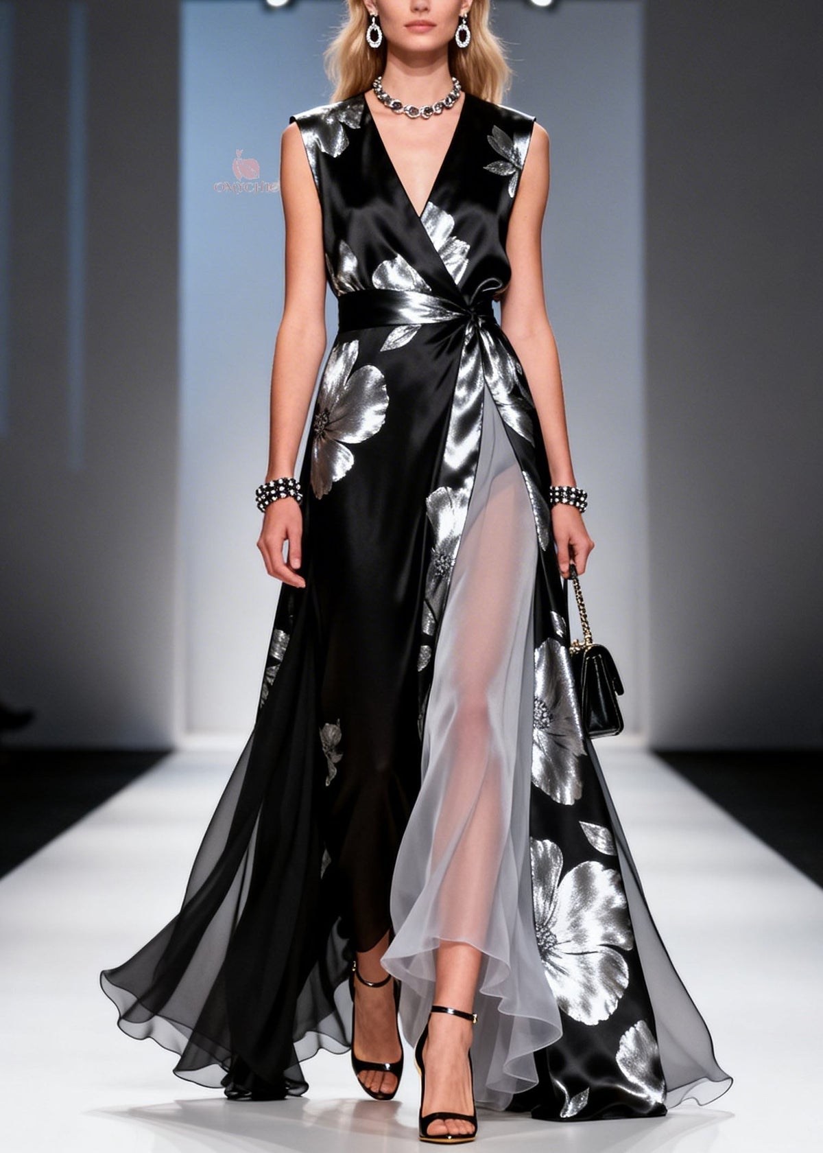 Wrap Front Metallic Floral Print High-Slit Sheer Ruffle Insert Maxi Gown