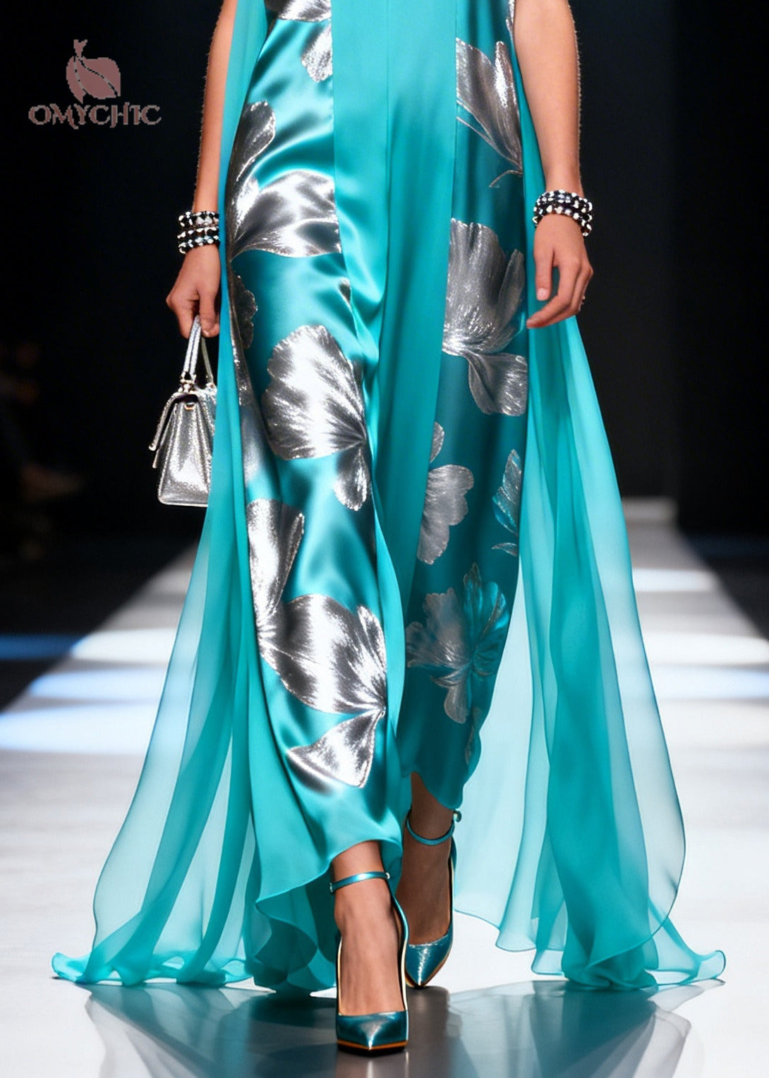 Deep V-Neck Metallic Floral Print Sheer Side Panel Maxi Gown 4