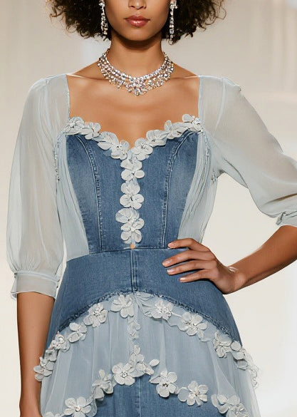 Sweetheart Denim Lace Applique Puff Sleeve Tiered Midi Dress 2