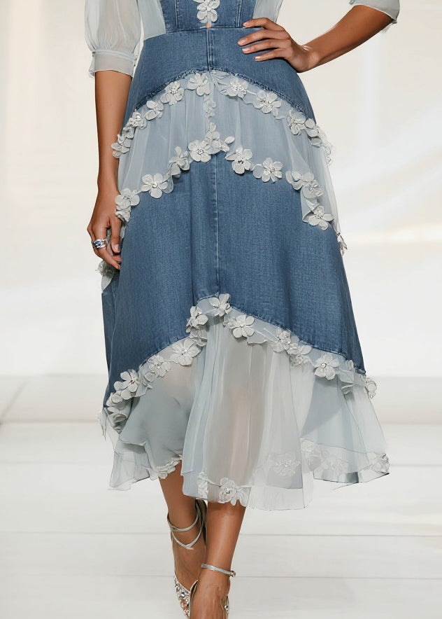 Sweetheart Denim Lace Applique Puff Sleeve Tiered Midi Dress 4