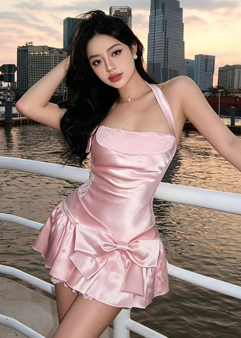 Halter Lace Bust Bow Front Pleated Ruffle Mini Dress