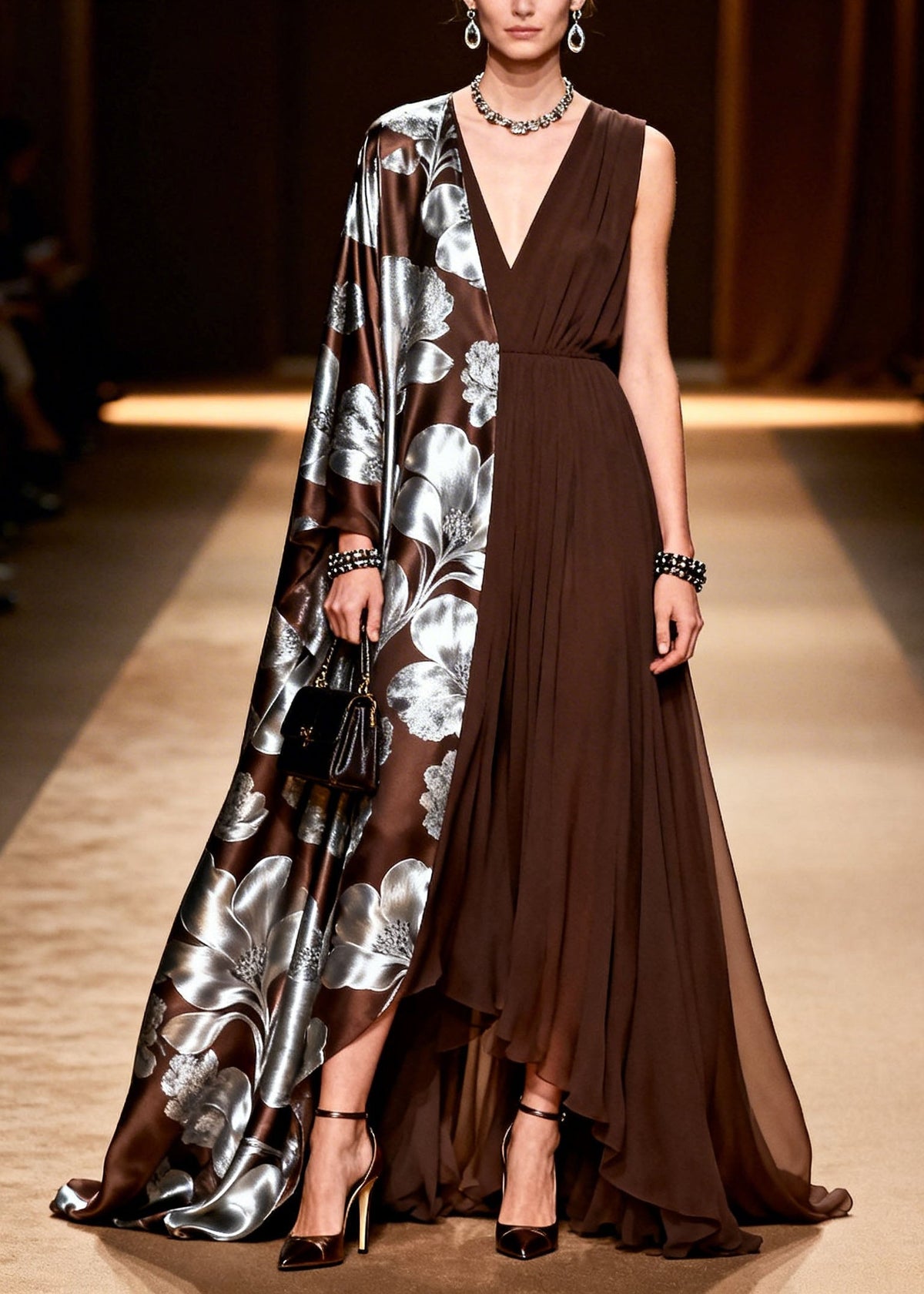 Asymmetrical Deep V-Neck Metallic Floral Print Satin Cape Sleeve Pleated Chiffon Maxi Gown