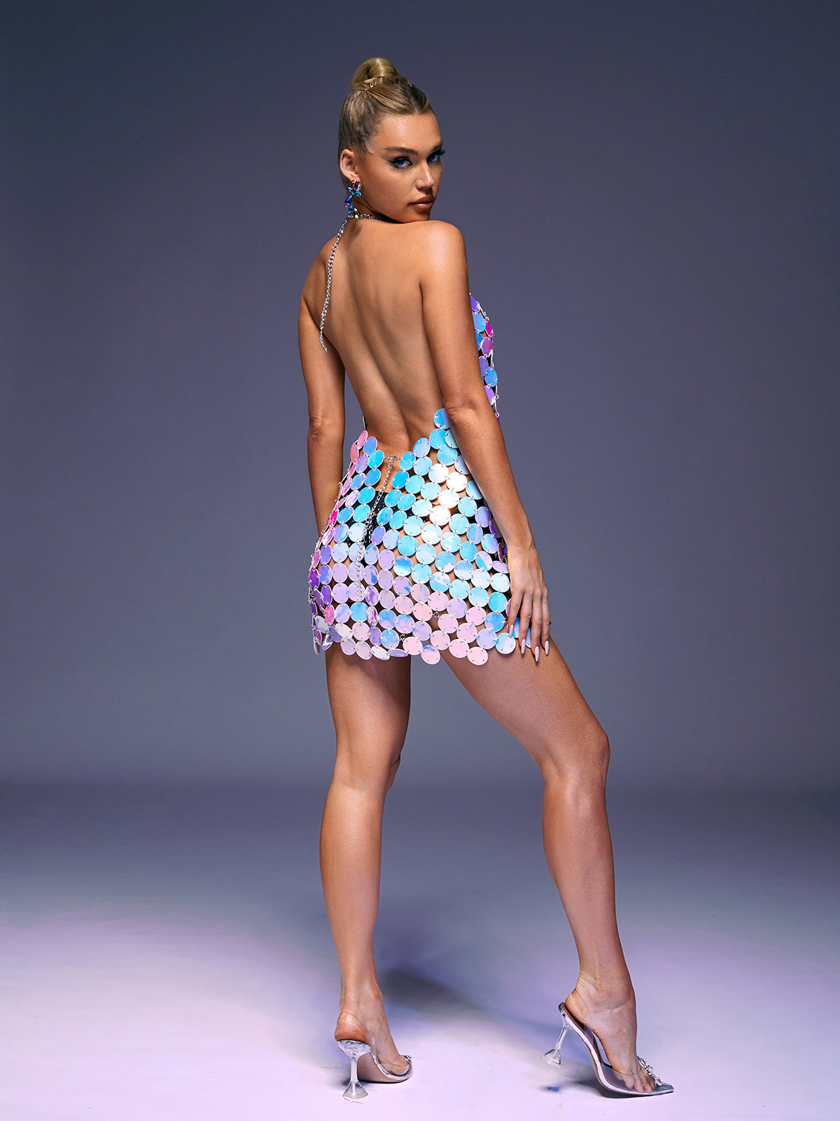 Halter Iridescent Paillette Disc Chainmail Mini Dress 5