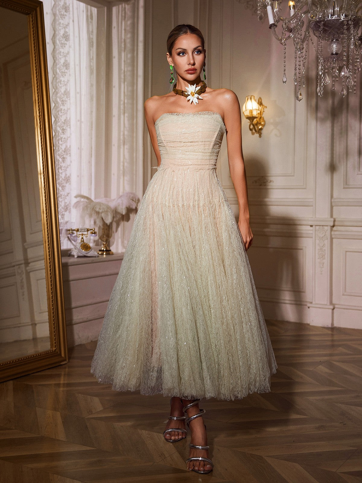 Strapless Ruched Lace Overlay Tea Length Ball Gown Midi Dress 2