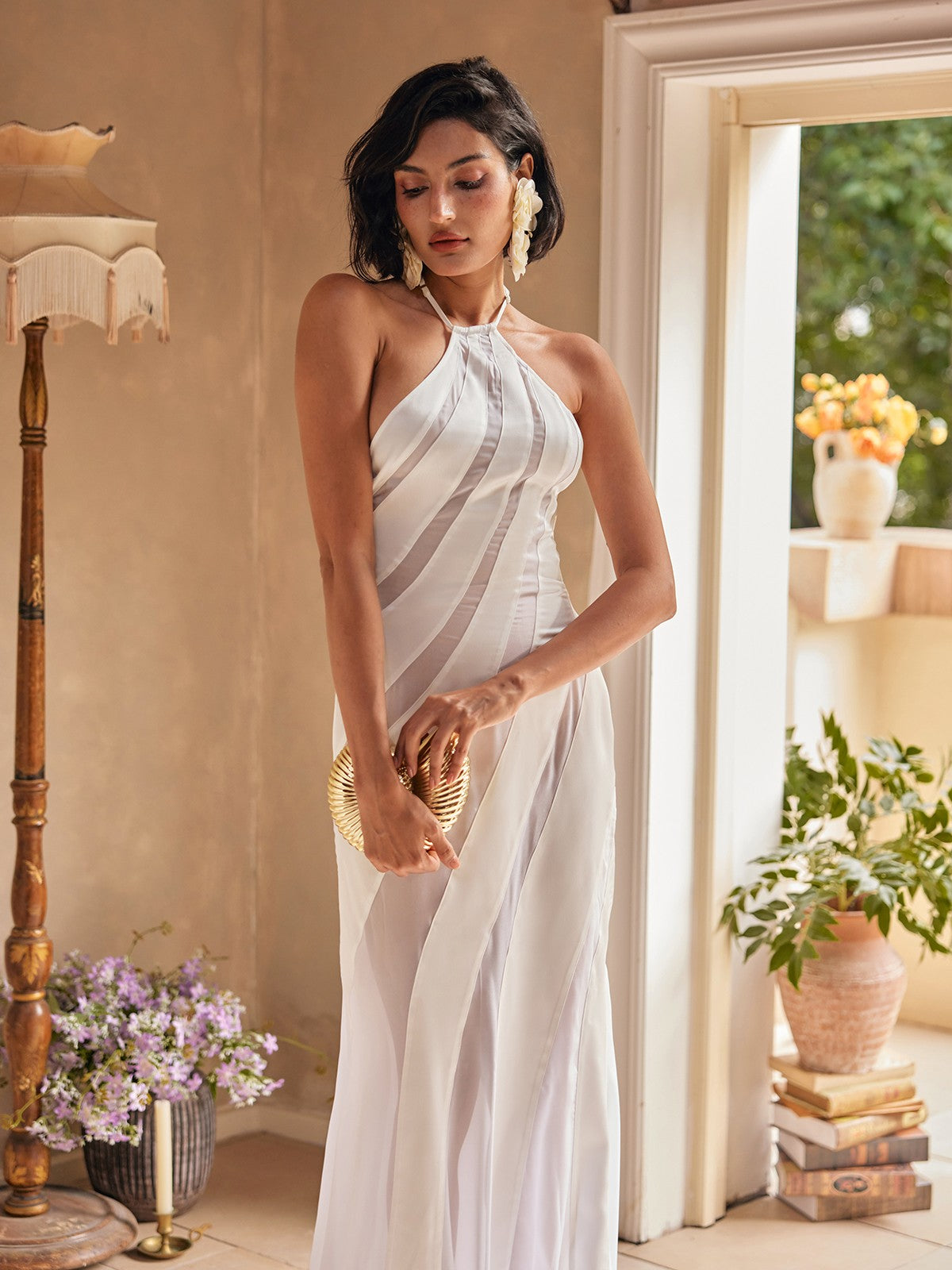 Halter High Neck Diagonal Sheer Opaque Stripe Panel Maxi Gown 3