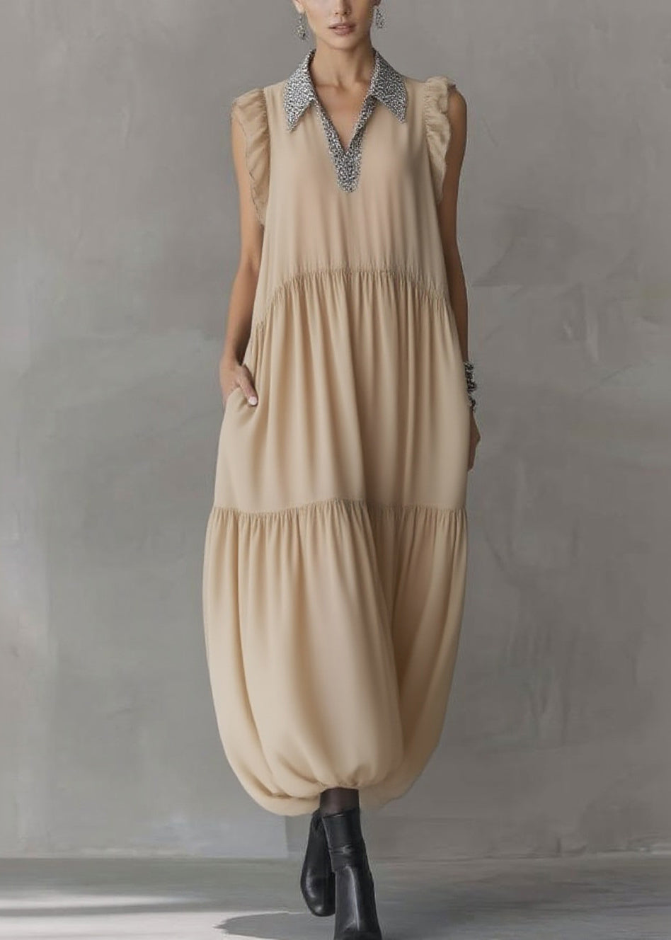 Beaded Peter Pan Collar V-Neck Ruffle Shoulder Bubble Hem Midi Dress 3