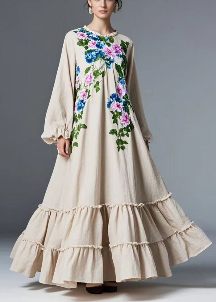 Round Neck Ruffled Floral Extra Wide Hem Cotton Maxi Dress