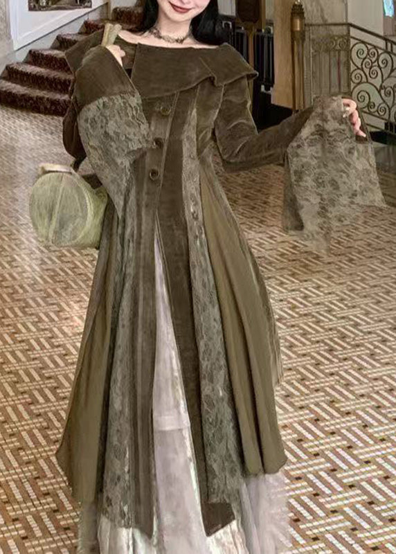 Asymmetric Collar Button Front Wide Lace Cuff Layered Long Gown 3