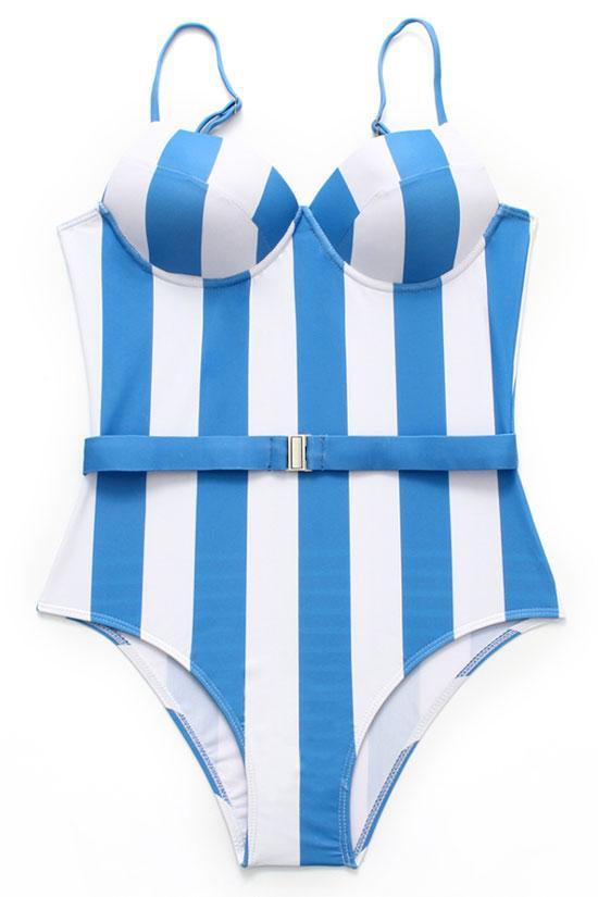 Nautical Vertical Stripe Push Up One Piece Swimsuit