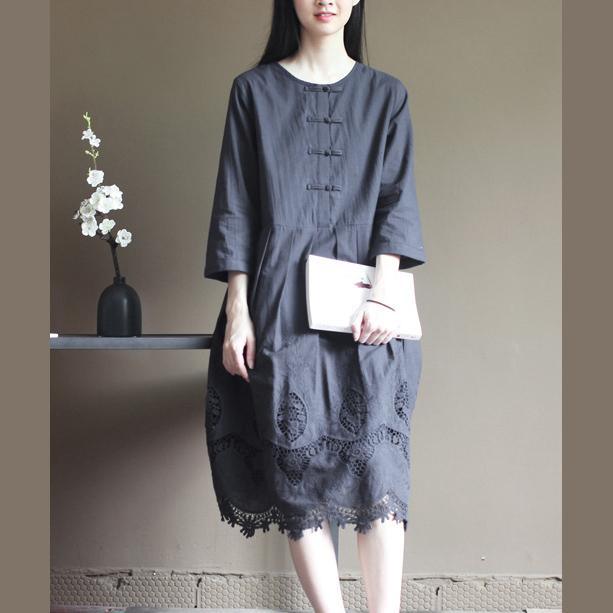 Frog Button Three Quarter Sleeve Eyelet Lace Border Midi Dress
