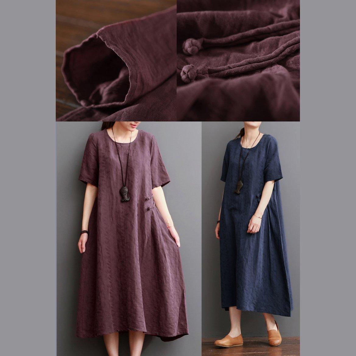 Round Neck Side Toggle Frog Button Textured Linen Shift Midi Dress 5