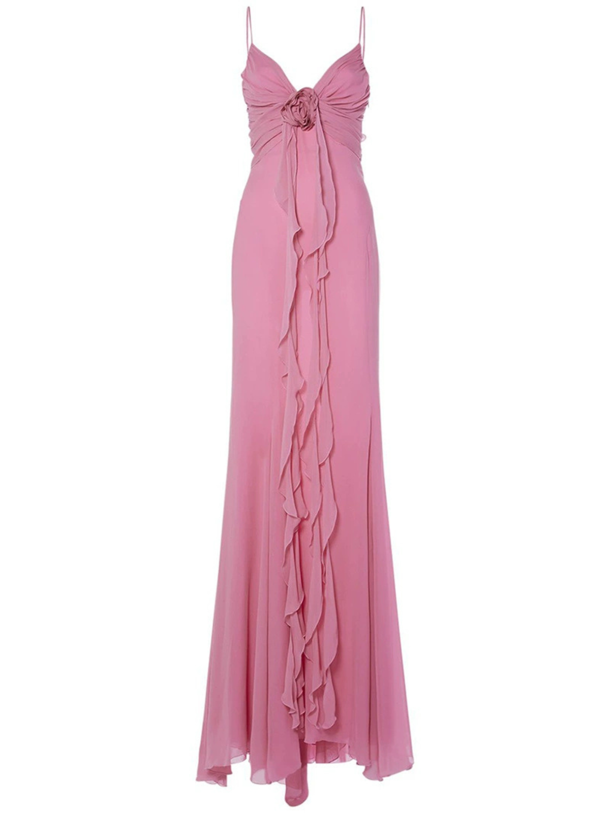 Spaghetti Strap Deep V Center Rosette Waterfall Ruffle Maxi Gown 7