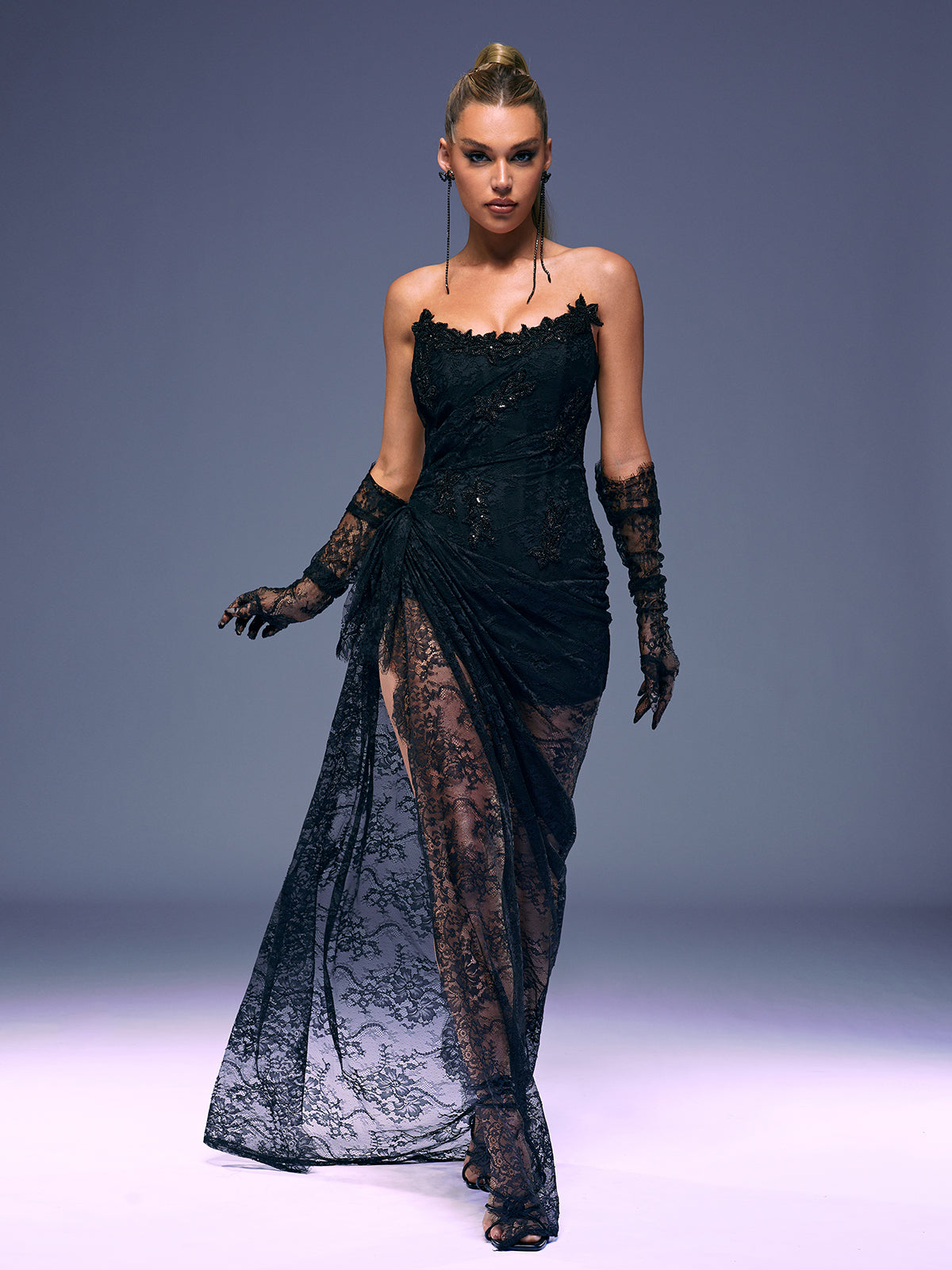 Strapless Lace Column Maxi Gown With Gloves 3