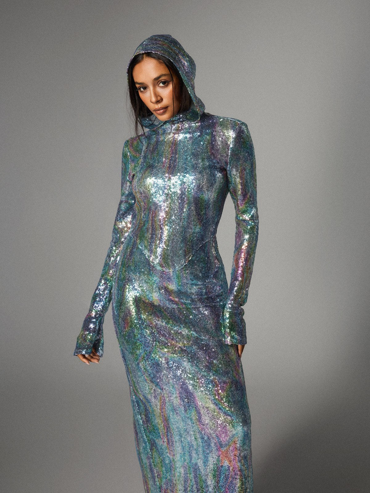 Hooded Turtleneck Sequin Long Sleeve High Slit Column Maxi Gown 4