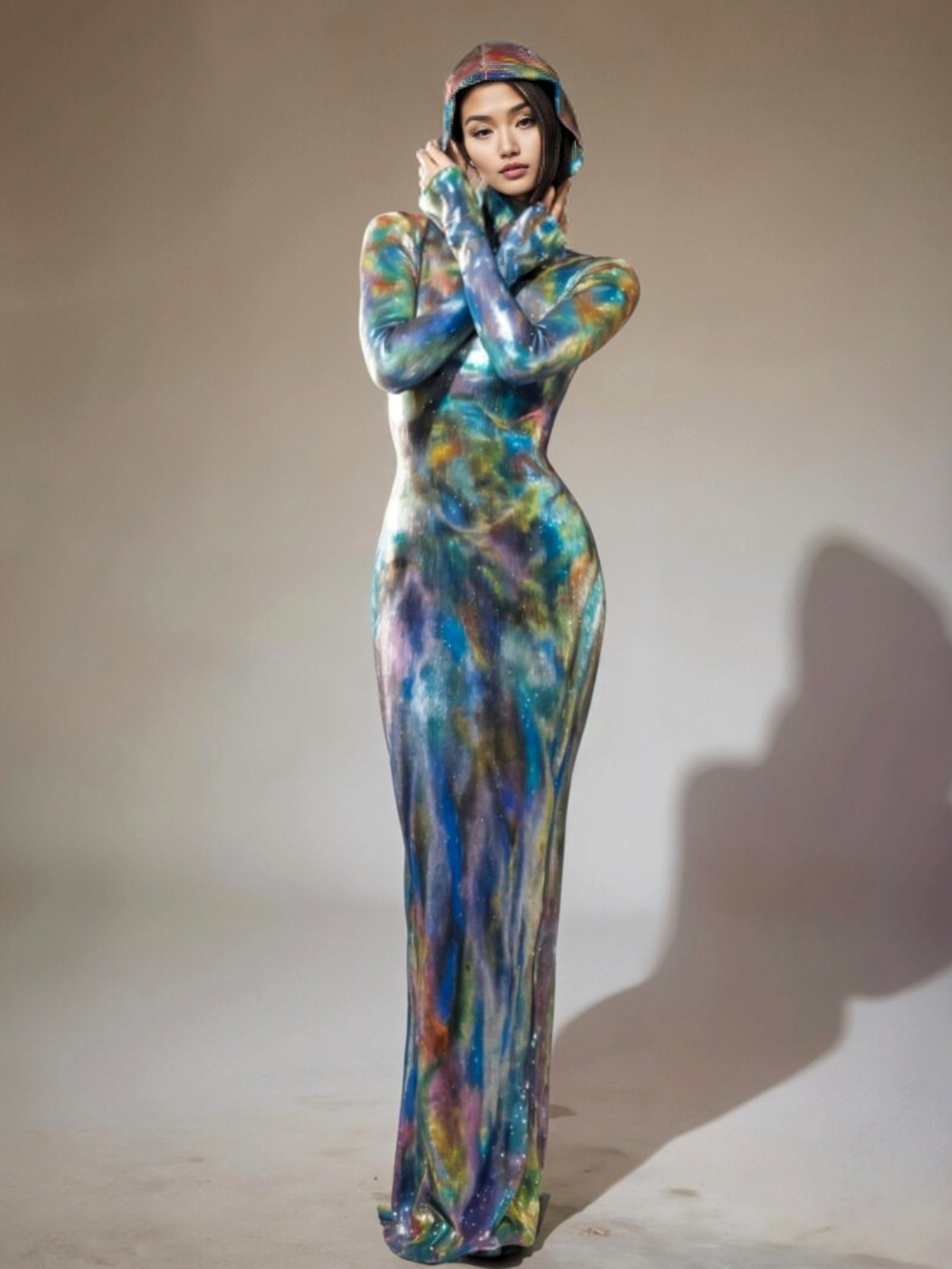 Long Sleeve Hooded Galaxy Print Bodycon Maxi Gown