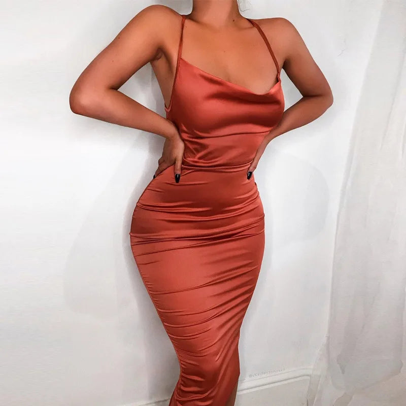 Cowl Neck Spaghetti Strap Ruched Satin Midi Dress 3