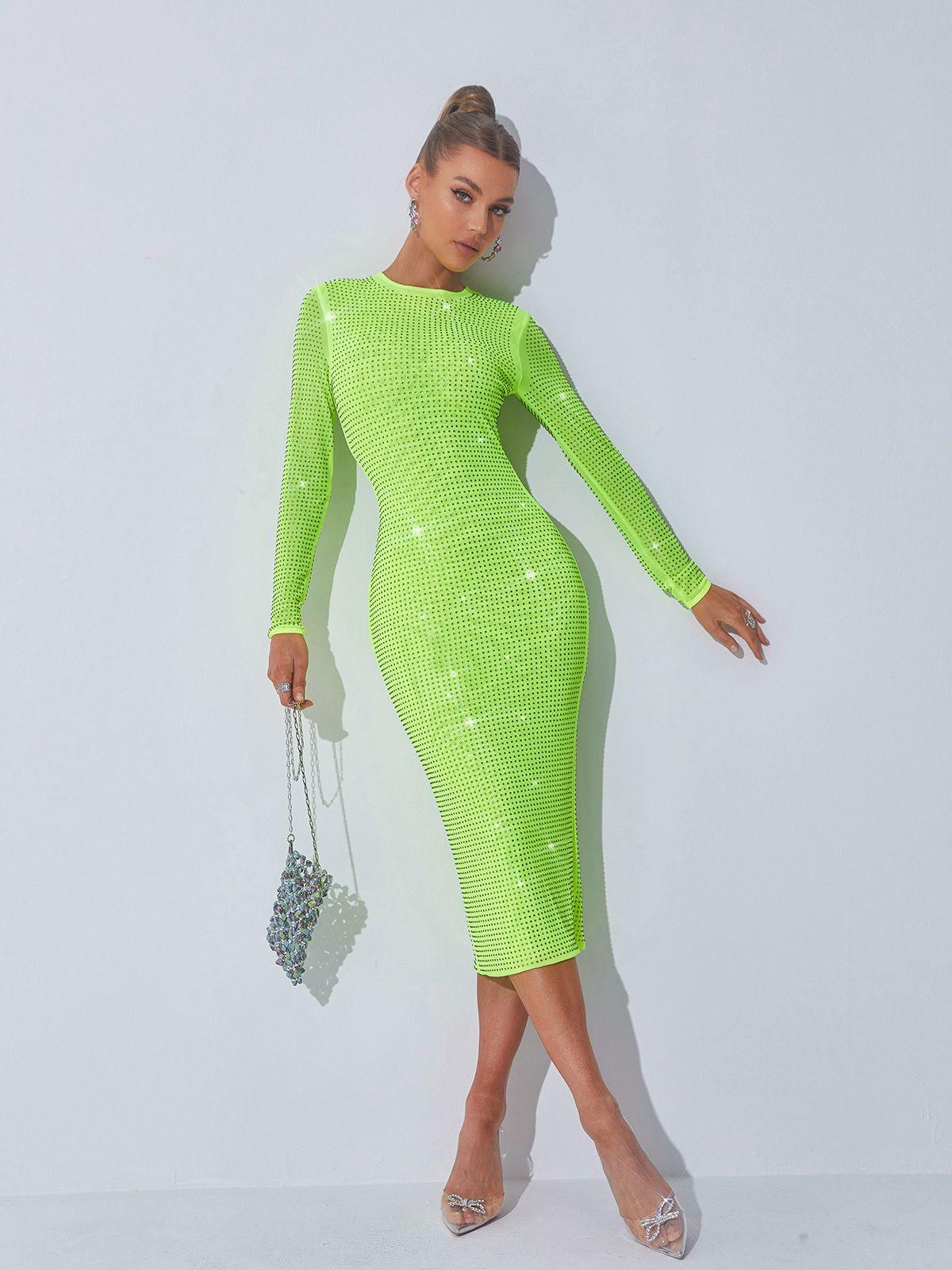 Crew Neck Long Sleeve Rhinestone Grid Mesh Bodycon Midi Dress