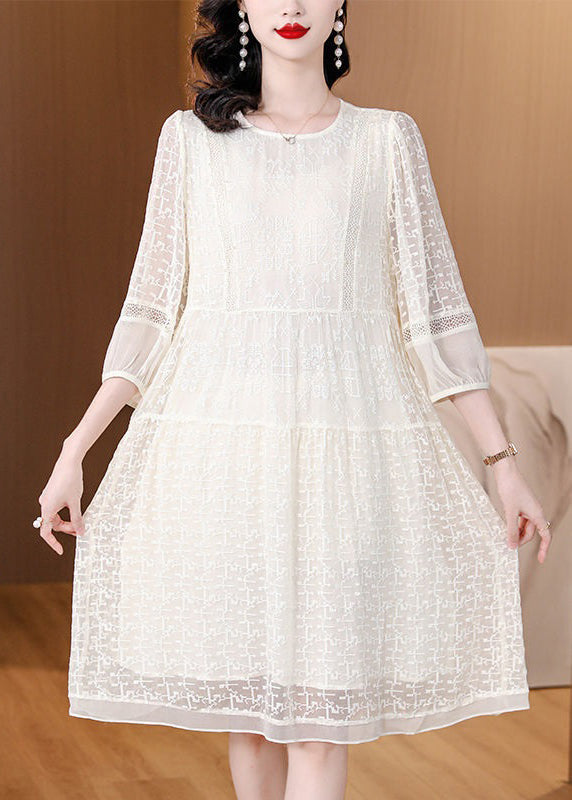 Crew Neck Three Quarter Sleeve Geometric Lace Tiered Midi Dress