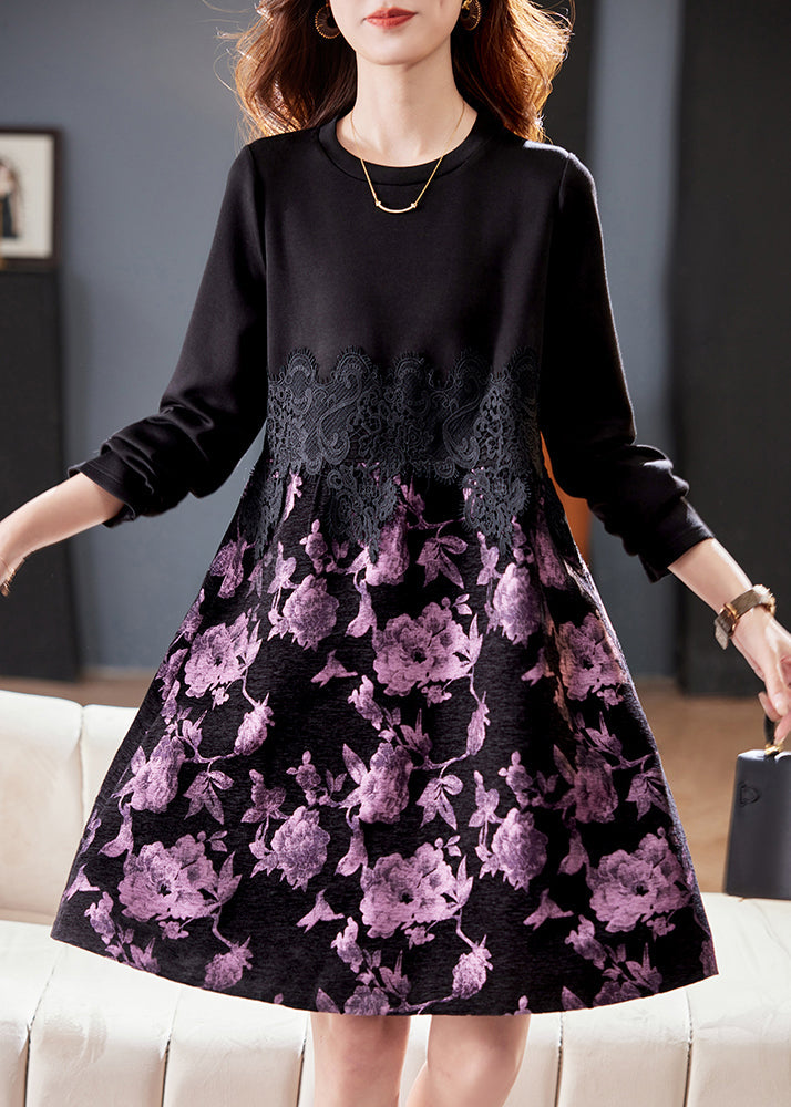 Round Neck Lace Patchwork Cotton Midi Shift Dress