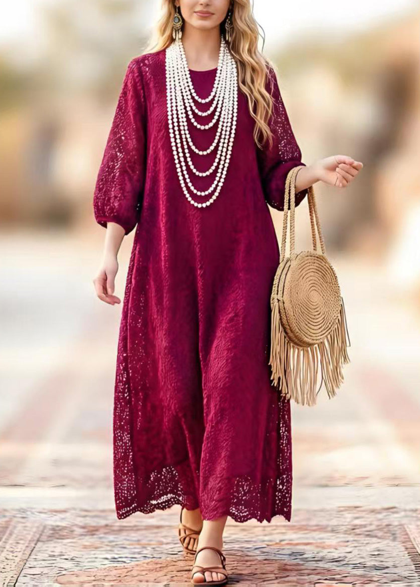 Round Neck Three-Quarter Sleeve Hollow Out Lace Scalloped Hem Maxi Dress 3