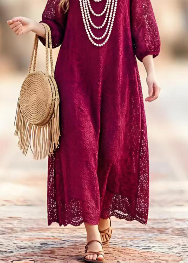 Round Neck Three-Quarter Sleeve Hollow Out Lace Scalloped Hem Maxi Dress 4