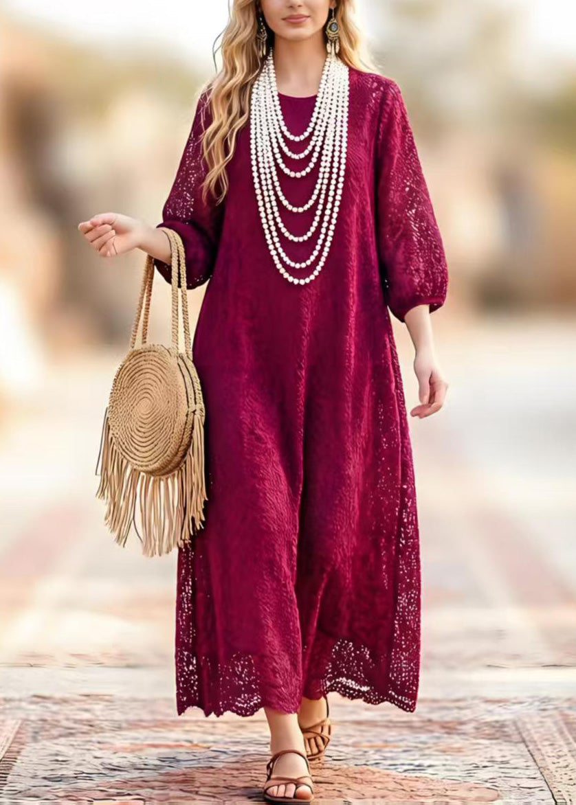 Round Neck Three-Quarter Sleeve Hollow Out Lace Scalloped Hem Maxi Dress 5