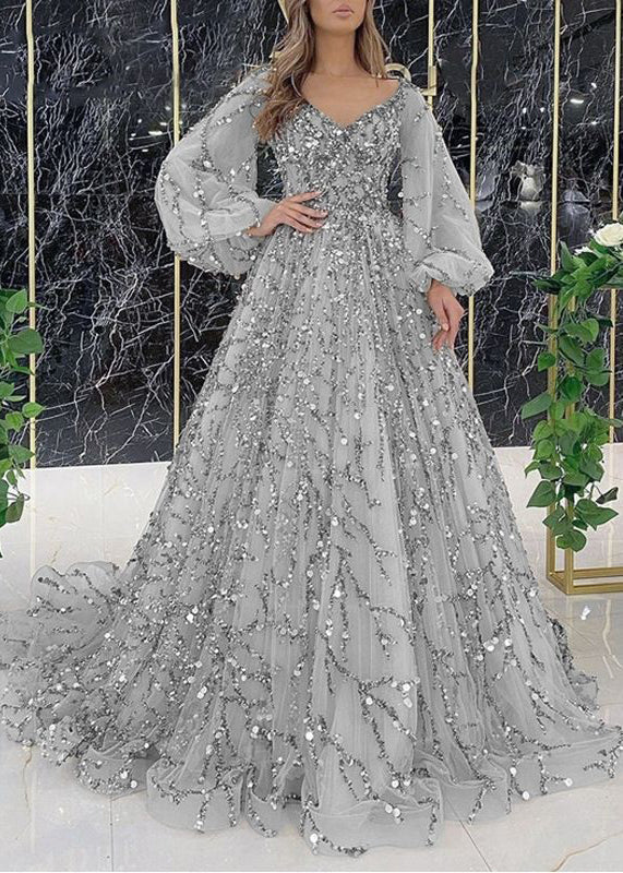 Sequin Vine Pattern Bishop Sleeve Ruffle Hem Tulle Ball Gown