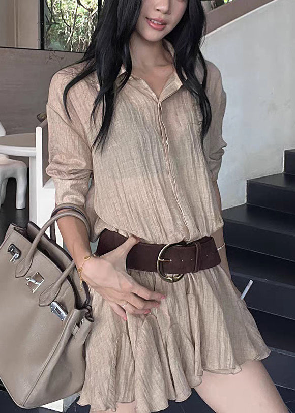 Pointed Collar Button-Front Sheer Linen Ruffled Hem Belted Mini Dress 5