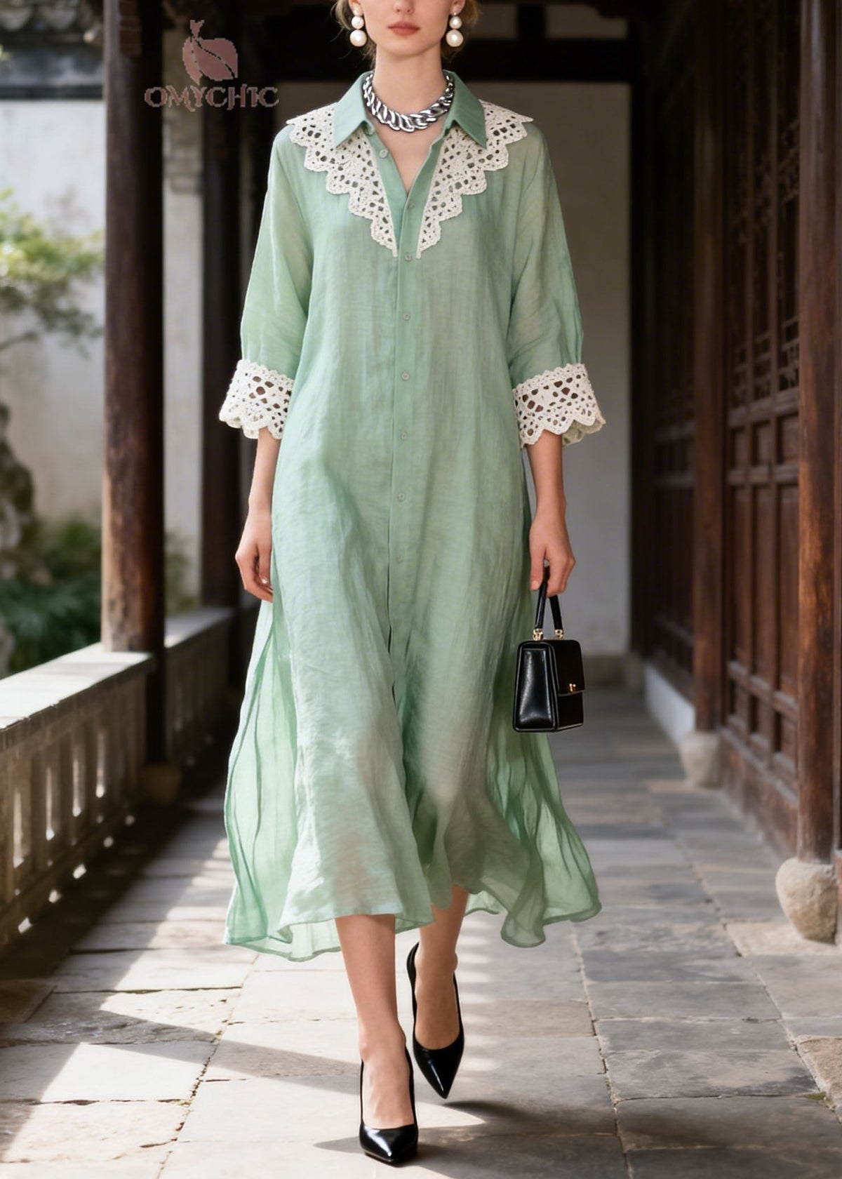 Pointed Collar Oversized Crochet Lace Collar Cuff Side Slit Linen Maxi Shirt Dress 3