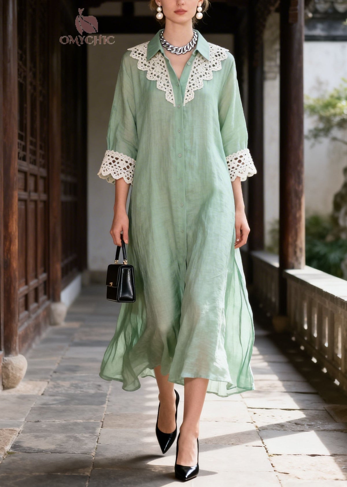 Pointed Collar Oversized Crochet Lace Collar Cuff Side Slit Linen Maxi Shirt Dress 5