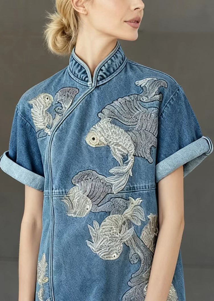 Mandarin Collar Goldfish Embroidery Denim Qipao Mini Dress 2