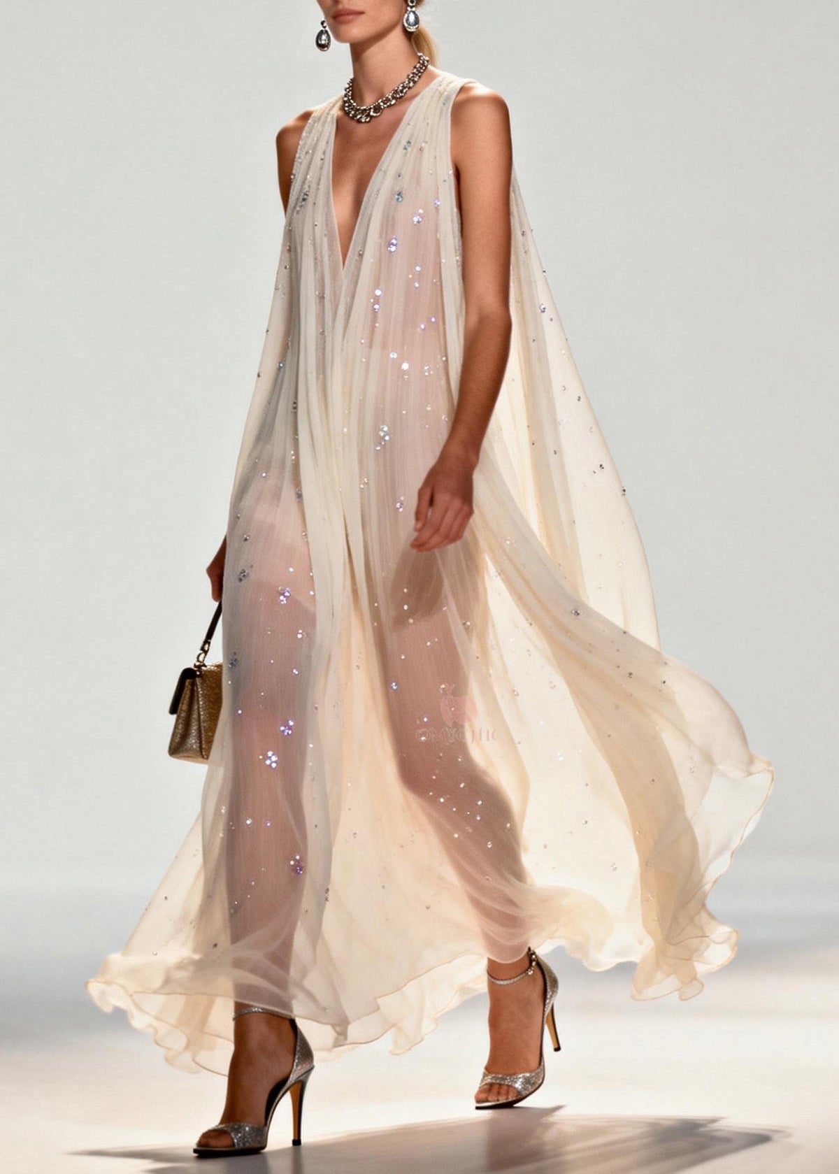 Sleeveless Deep V-Neck Pleated Sequin Embellished Cape Panel Maxi Gown