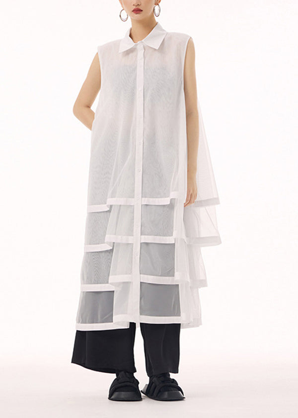 Peter Pan Collar Sheer Mesh Tiered Sleeveless Shirt Dress