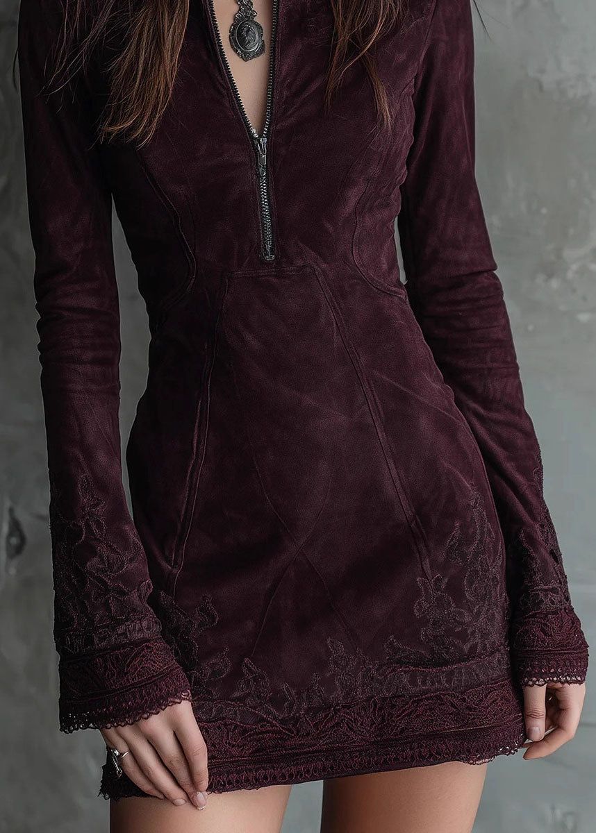 Mock Neck Quarter Zip Embroidered Lace Cuff Paneled Faux Suede Mini Dress 4