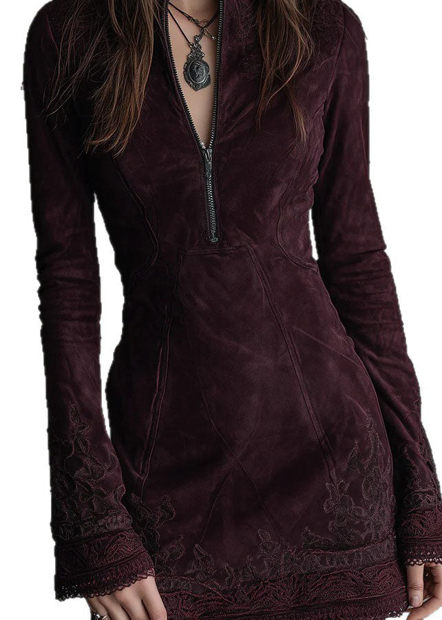 Mock Neck Quarter Zip Embroidered Lace Cuff Paneled Faux Suede Mini Dress 5