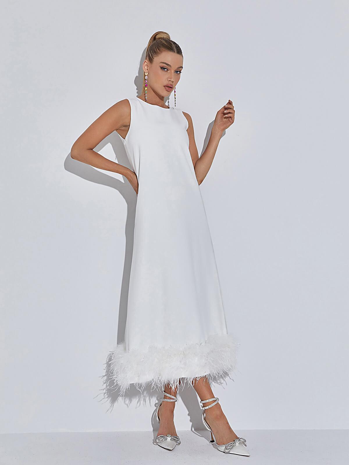 Crew Neck Shift Feather Hem Midi Dress 2