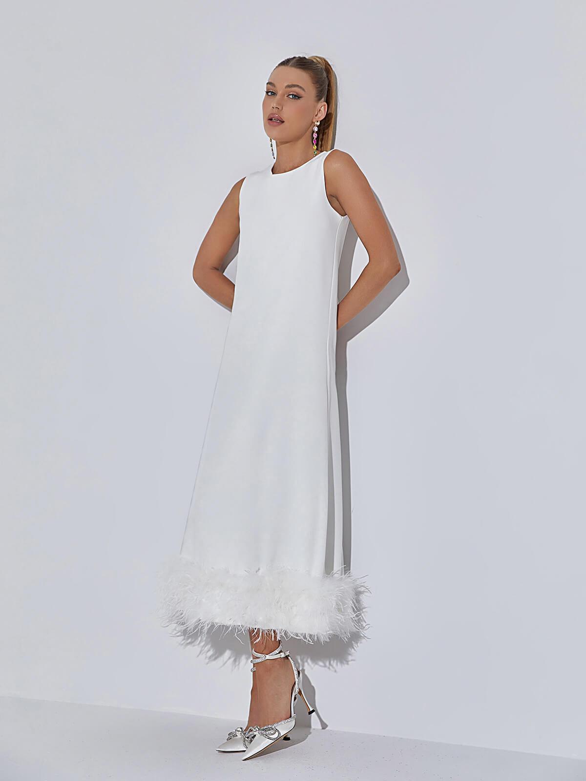 Crew Neck Shift Feather Hem Midi Dress 3