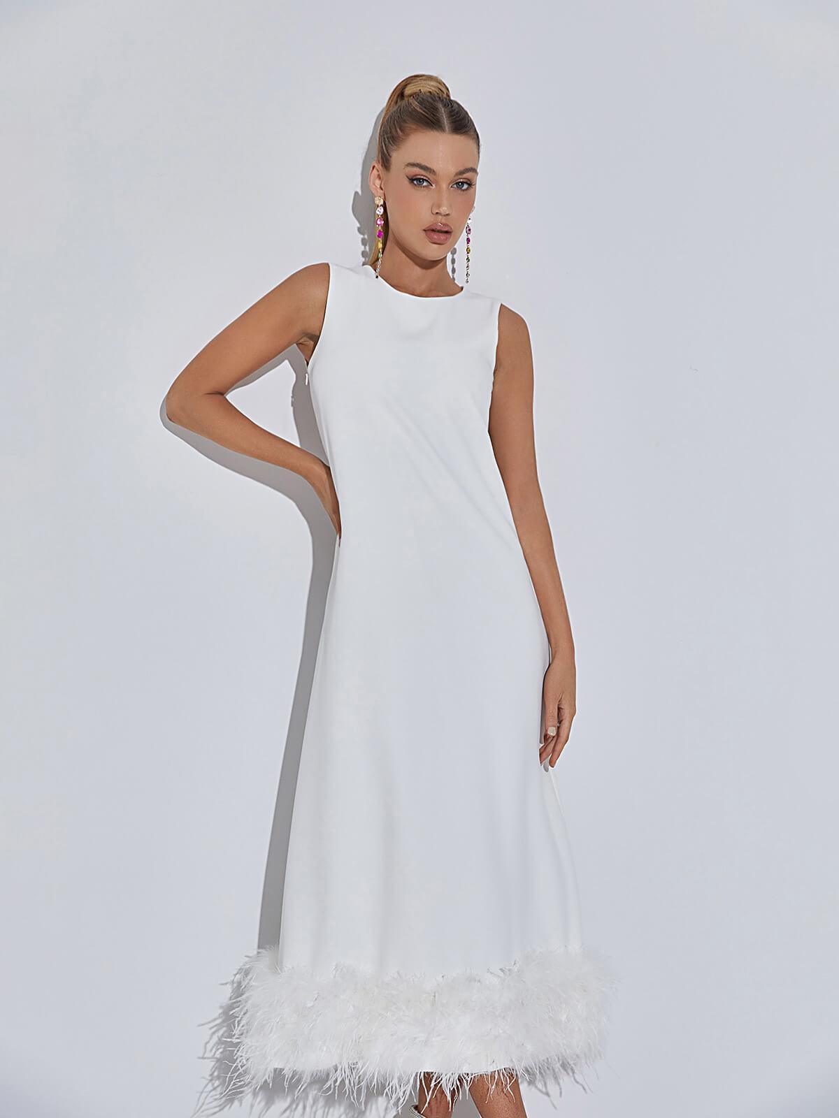 Crew Neck Shift Feather Hem Midi Dress 4